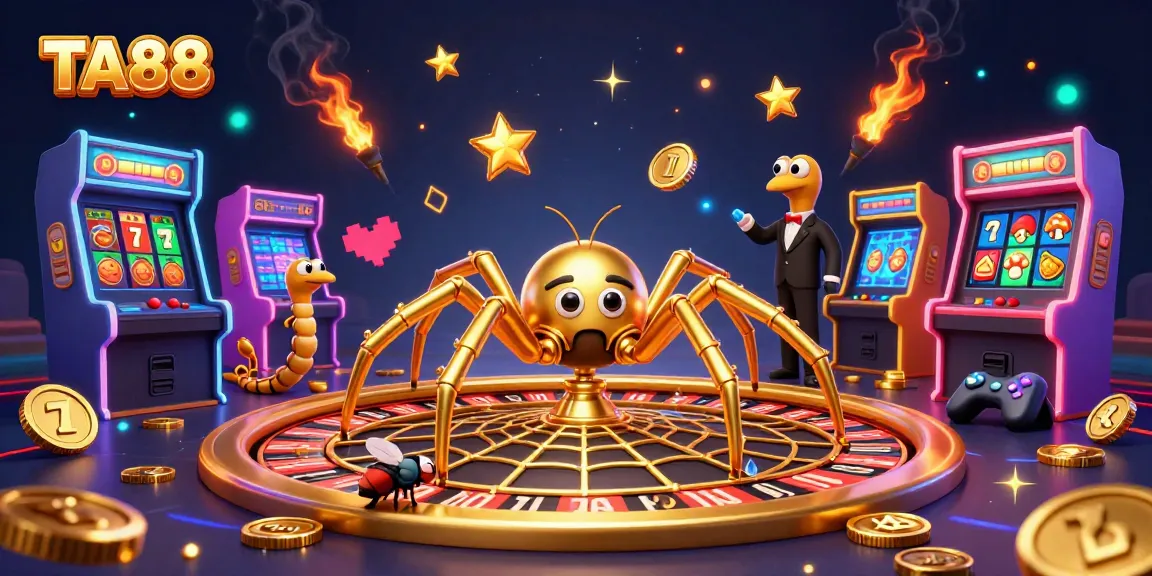 Bet on TA88 with a vibrant casino-themed scene featuring a golden spider and a centipede croupier.