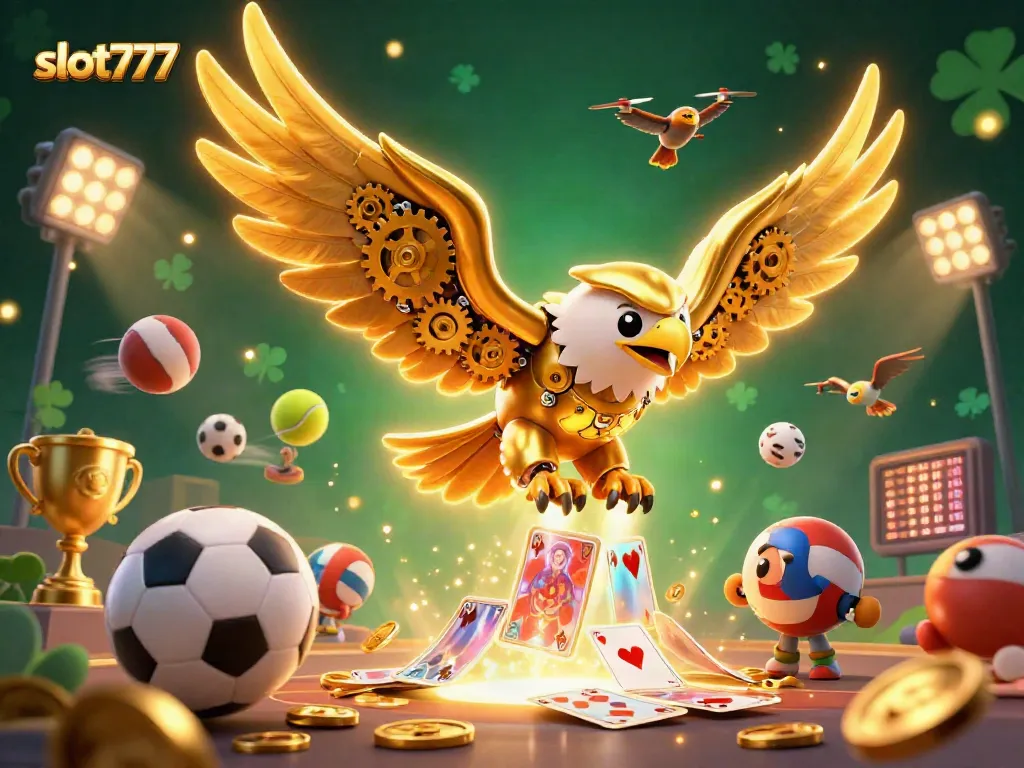 Menangkan slot777 dengan ilustrasi 3D menakjubkan dari elang emas yang terbang di sekitar kartu bermain holografik.