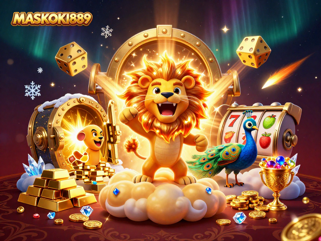 Play exciting games with MASKOKI889, featuring vibrant casino scenes and dynamic characters set against rich backgrounds.