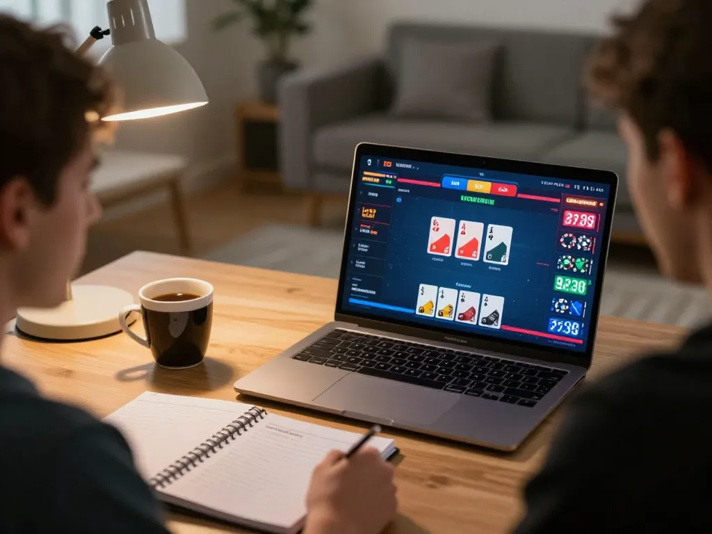 Engaging with LGO GOAL poker strategies in a sleek home office, capturing high-stakes decision moments