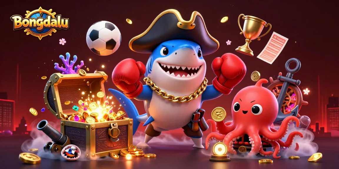 Bongdalu showcases vibrant sports betting elements with a pirate shark and friends in a treasure-themed illustration.