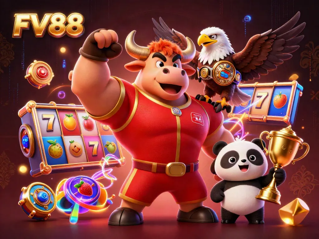 Experience FV88's exciting slot games with vibrant characters and glowing casino elements.