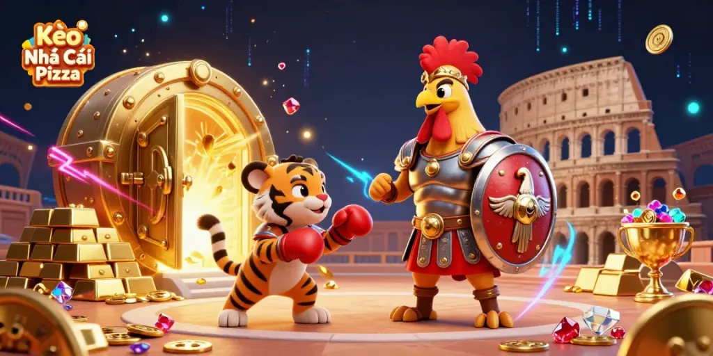 Kèo Nhà Cái Pizza featuring a gladiator rooster and tiger cub in a vibrant digital casino scene.