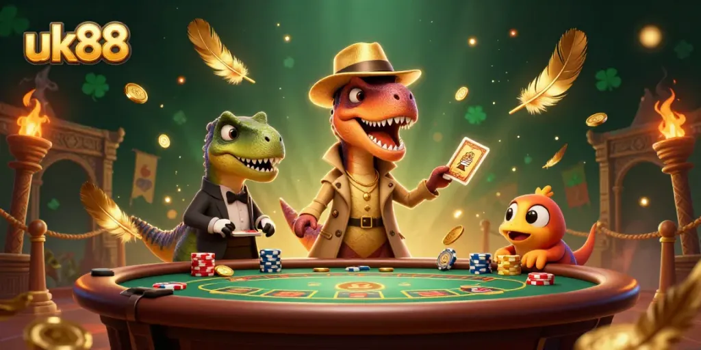 uk88 velociraptor card counter sneaks at blackjack table with gold coins and dynamic casino elements.