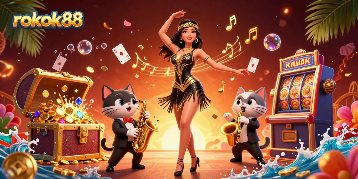 Experience thrilling gameplay at rokok88 with energetic characters in a vibrant casino scene.