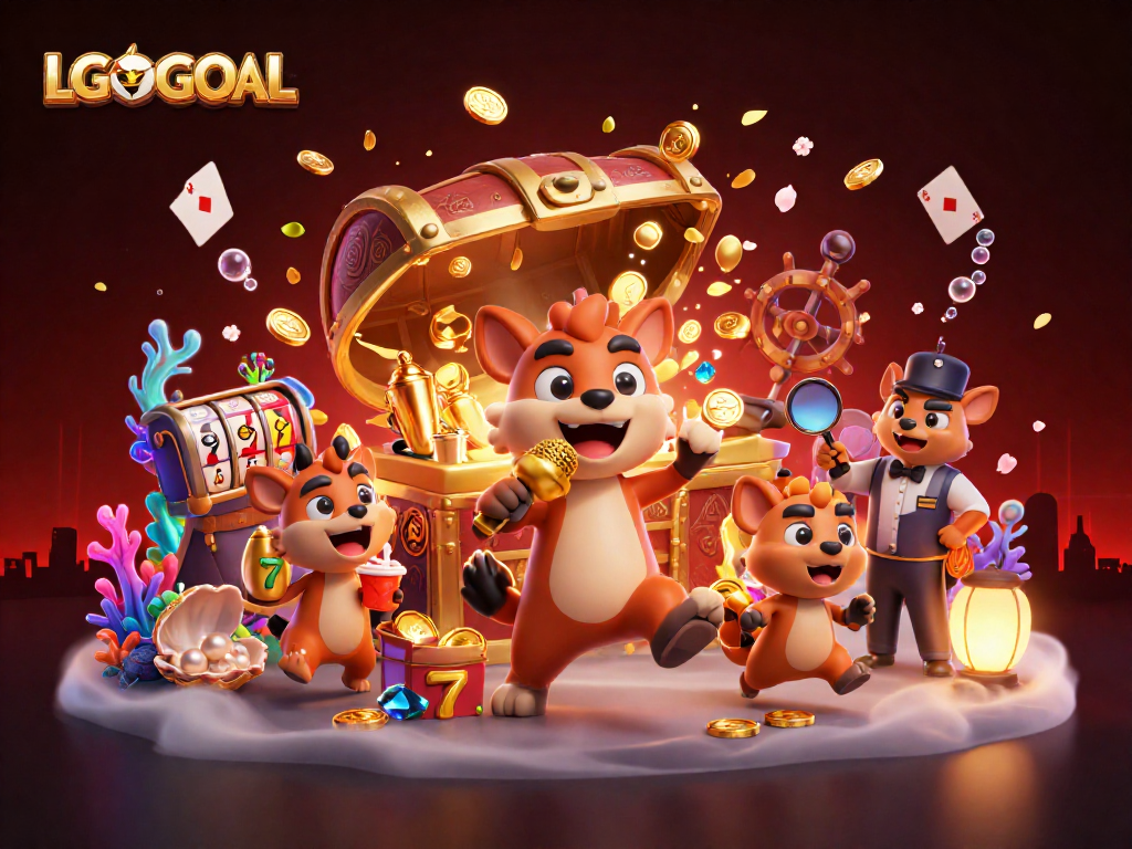 Engage with LGOGOAL in a vibrant 3D casino scene featuring lively hyenas and dynamic gaming elements.