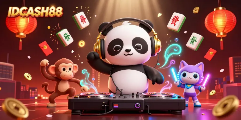Experience the vibrant energy of IDCASH88 with a dynamic DJ panda and dancing characters at a lively casino scene.