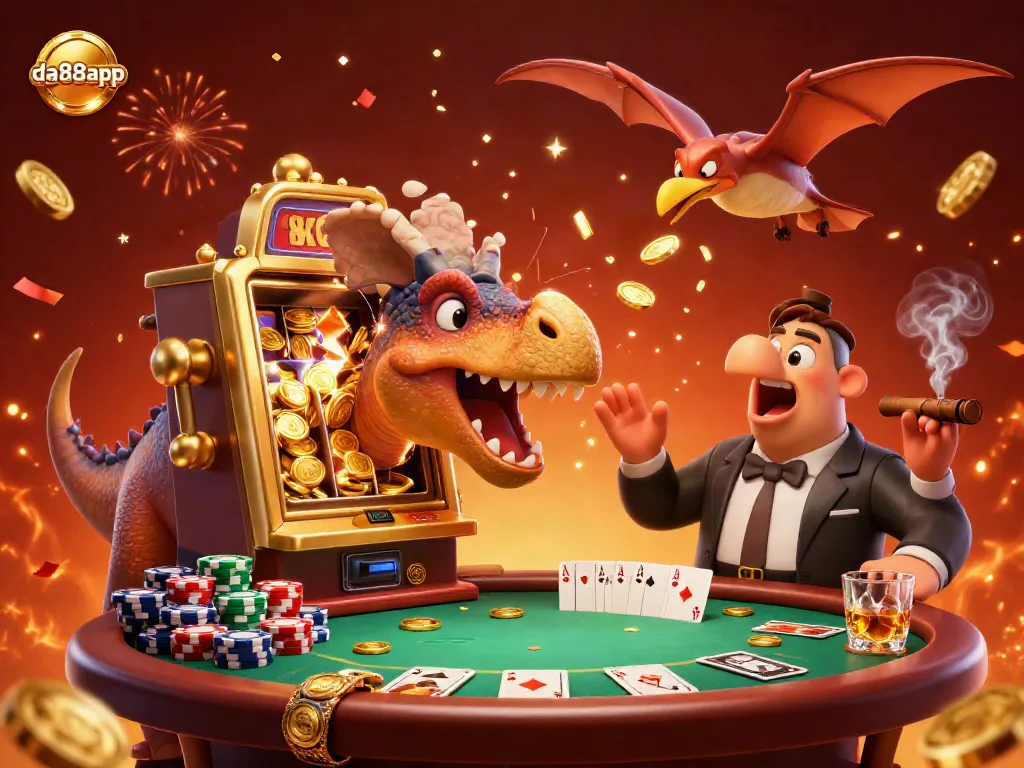 da88app triggers a jackpot in an exciting casino scene with cartoon dinosaurs interacting around a slot machine.