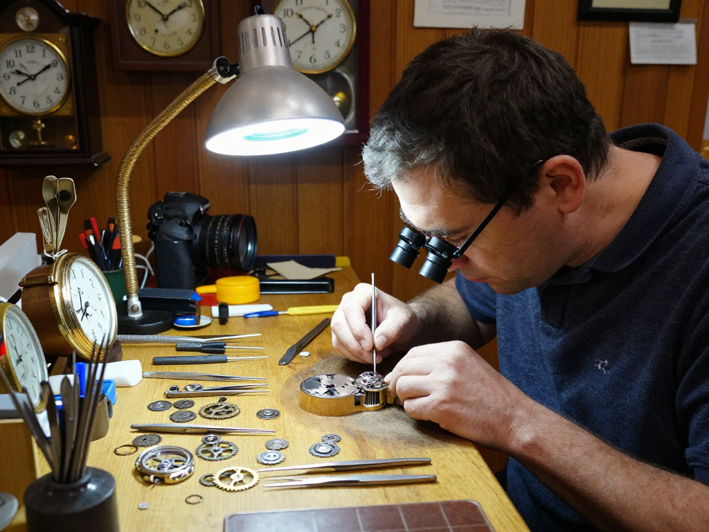 Craftsman adjusting 2135 movement parts in a cozy watch repair workshop with tools and vintage clocks