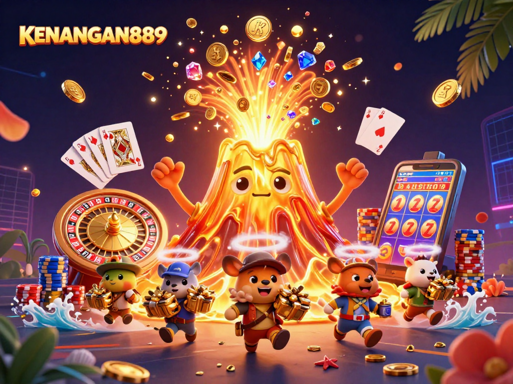 KENANGAN889 brings excitement as a golden volcano erupts with treasures in a vibrant casino scene.