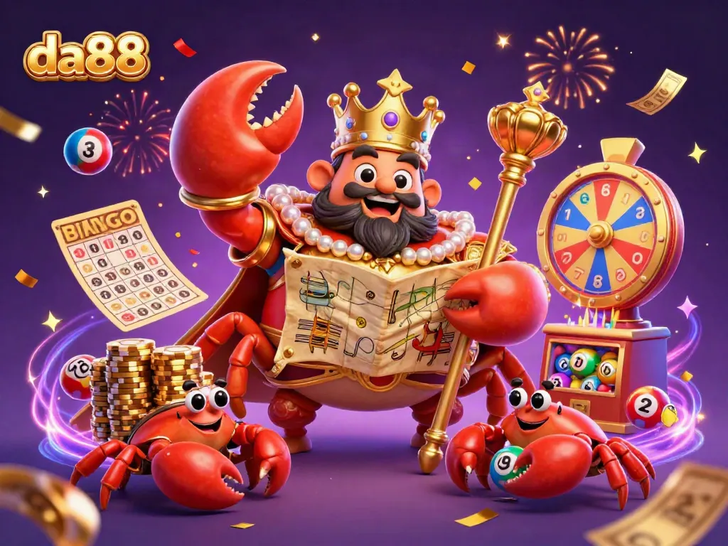 Experience thrilling da88 gaming with a golden crab emperor commanding vibrant lottery games and jackpots.