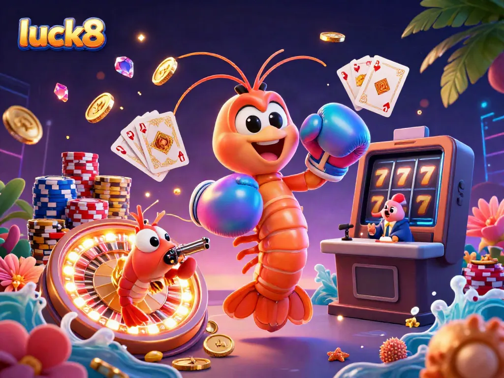Engage in thrilling gameplay with luck8 featuring vibrant casino elements and dynamic shrimp characters.