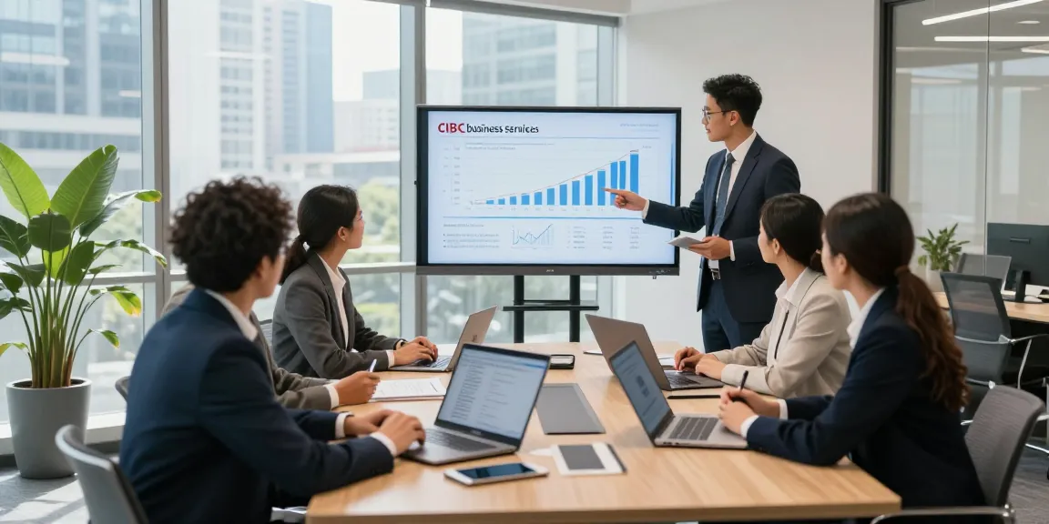 Réunion d'équipe diverse discutant des services CIBC business dans un bureau moderne.