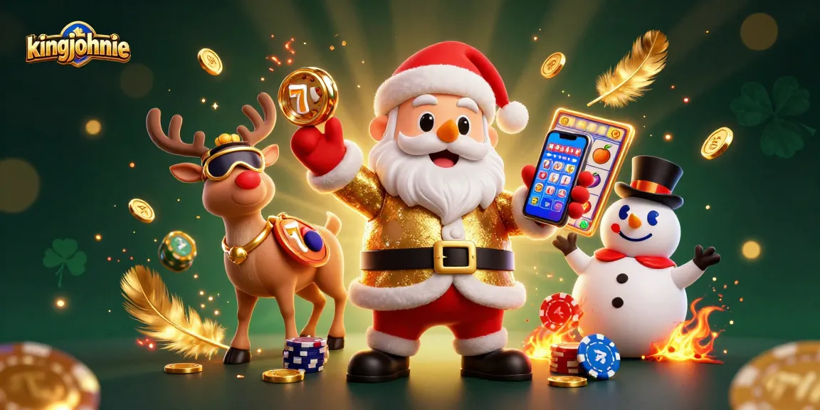 Spin the jackpot slots with kingjohnnie in this vibrant casino scene featuring Santa and friends.