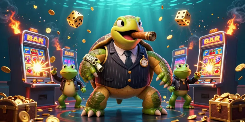 Engage with vibrant gà 6789 casino experience featuring a dynamic turtle in a suit, bullfrog enforcers, and bursting jackpot.
