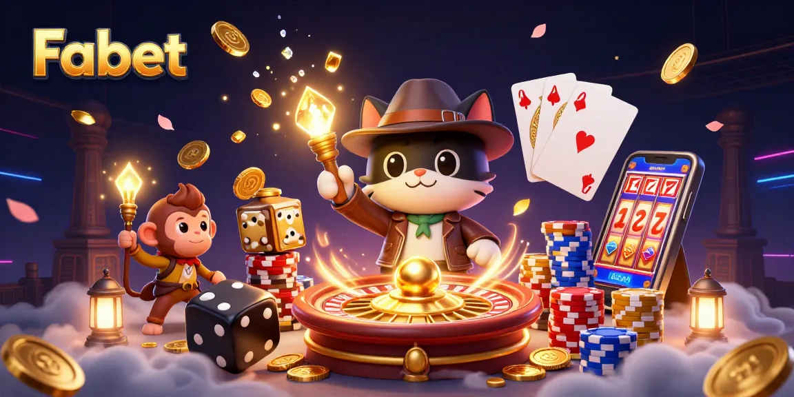Join Fabet's thrilling journey with a golden casino artifact amidst a vibrant gaming atmosphere.