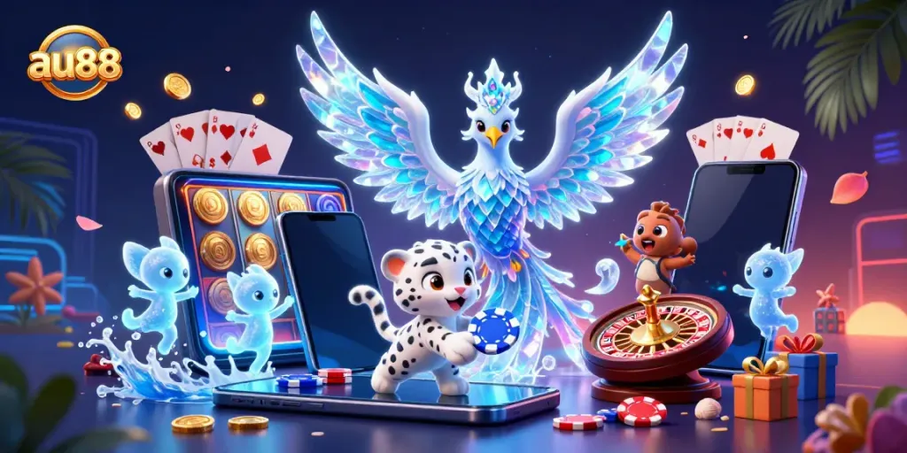 Experience the vibrant world of AU88 with a dazzling phoenix and playful snow leopard amidst casino elements.