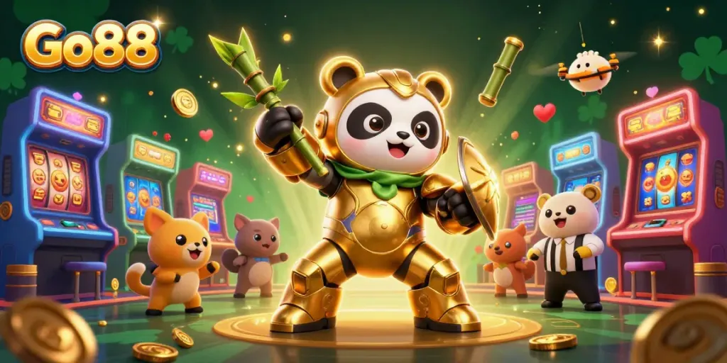 Experience the excitement of Go88 with a dynamic 3D illustration capturing a golden panda in a casino setting, showcasing jackpot reels and arcade games.