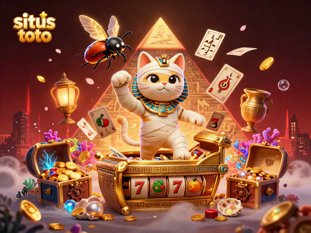 Experience excitement with situs toto as the 3D Egyptian mummy cat wins glowing treasure in a vibrant casino.