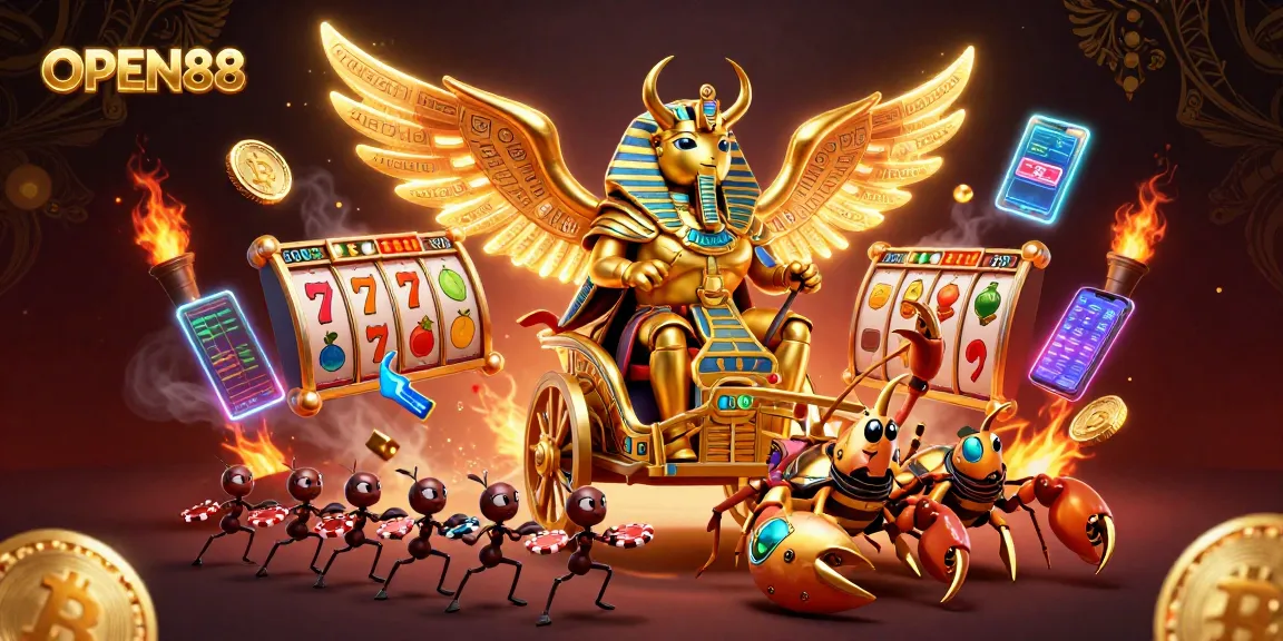 Engage in thrilling gameplay with OPEN88, featuring a golden scarab and unique casino symbols.