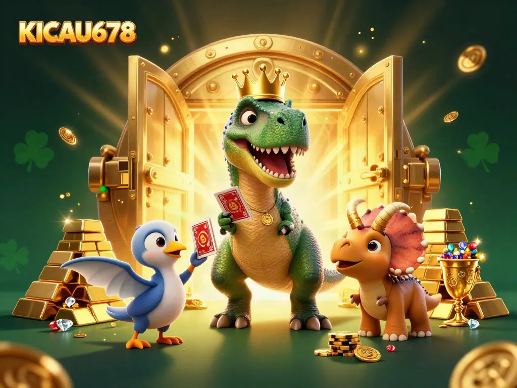 KICAU678 showcases a T-Rex card shuffling as a pterodactyl assists, with gold treasures enhancing the gaming vibe.