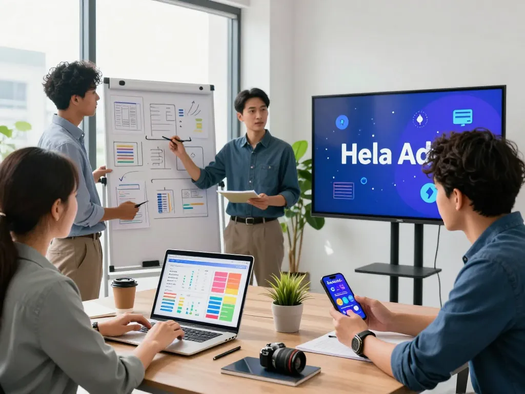 Marketing professionals collaborating on Hela Ads strategies in a vibrant office setting