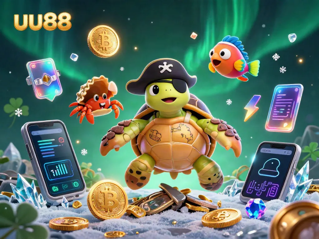 Join the excitement at uu88 with a vibrant scene of gaming treasure amidst pirate-themed characters and crypto coins.