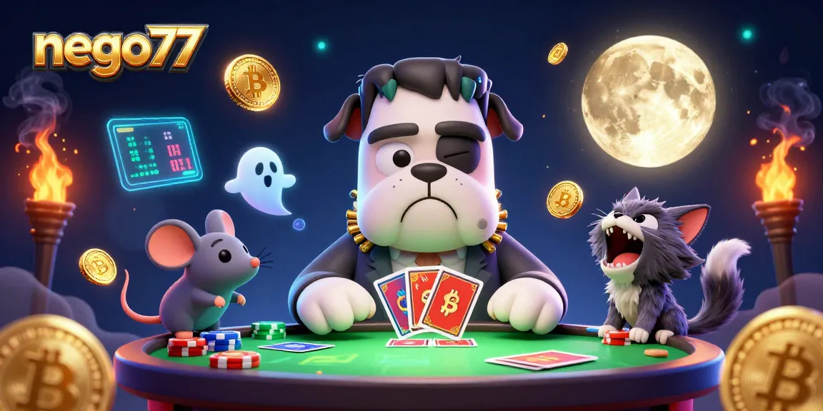 Play slots and win with nego77 at a spooky casino illustrated scene featuring animated characters.