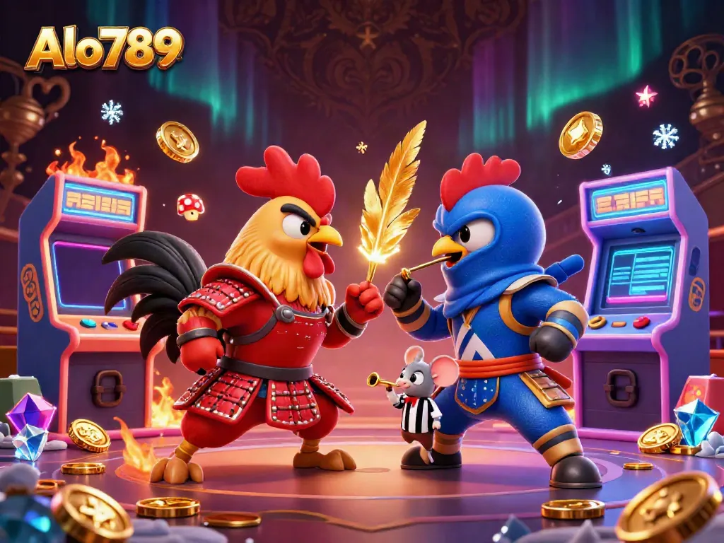 Alo789 showcases an epic rooster standoff in a vibrant casino arena with colorful game elements.