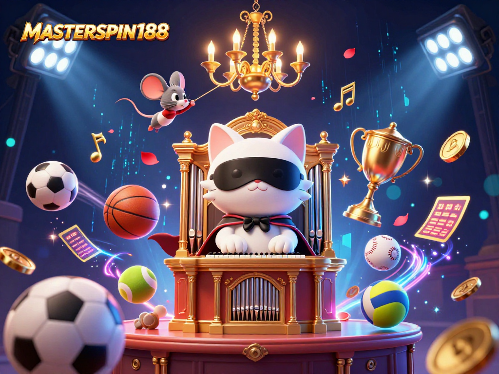 Experience excitement at MASTERSPIN188 with a vibrant casino illustration showcasing dynamic gaming elements.