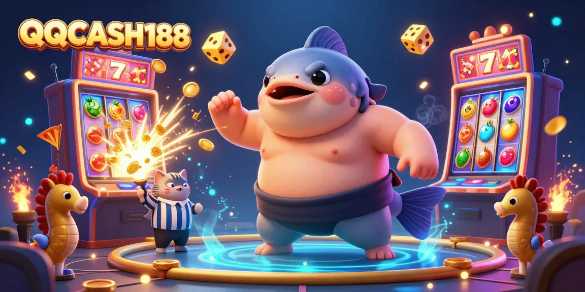 Experience the vibrant world of QQCASH188 with a dynamic underwater casino featuring a blowfish and thrilling slot symbols.