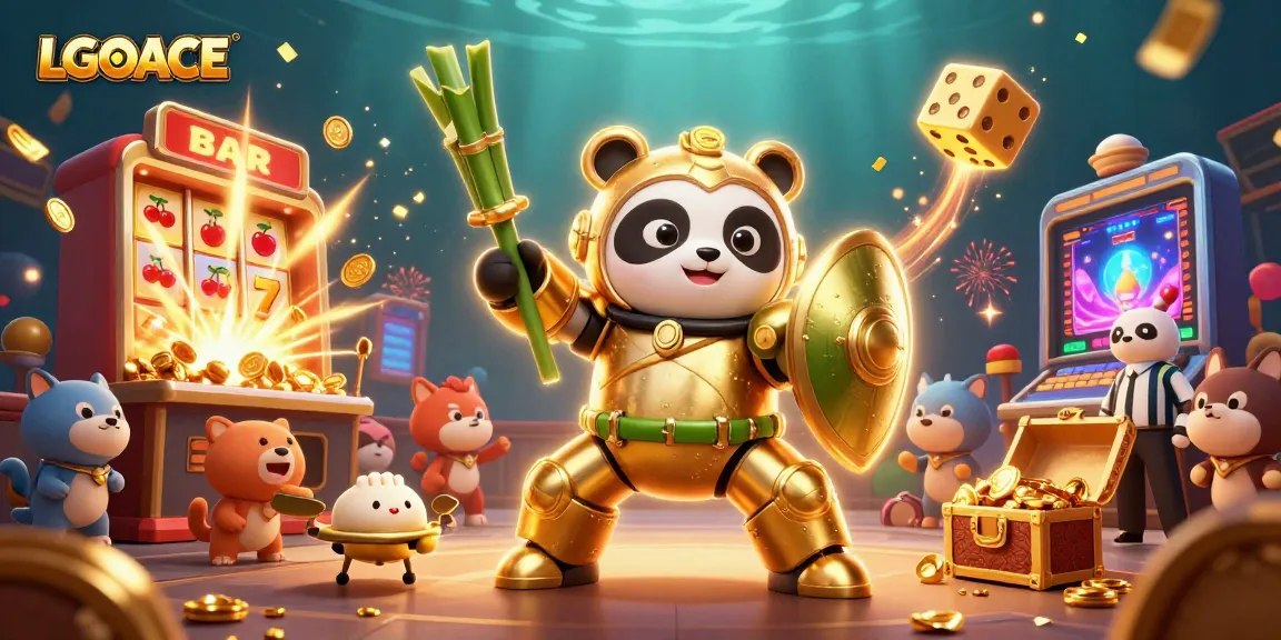 LGOACE showcases an intense 3D scene with a golden panda mech and casino elements bursting with vibrancy.