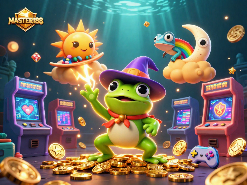 Engage with MASTER188's festive atmosphere as the wizard frog conjures a storm of coins in a dynamic casino scene.