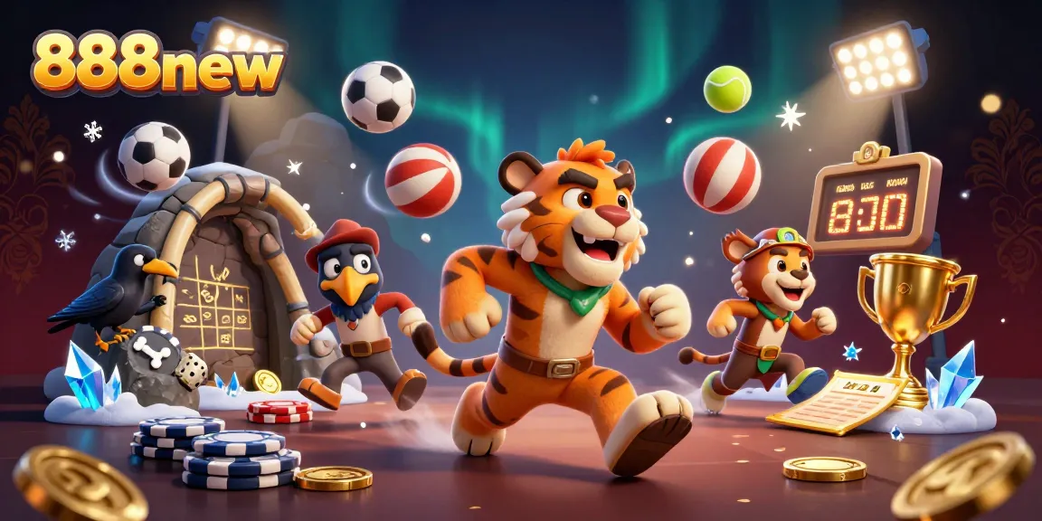 Experience the thrill of 888new's prehistoric casino scene filled with sports elements and cartoon characters.