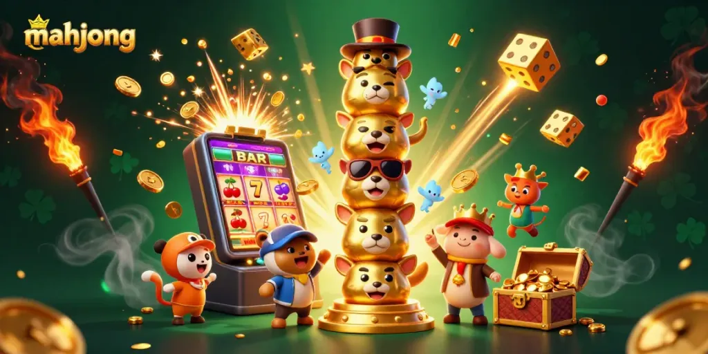 Play mahjong and win big with a vibrant 3D casino illustration featuring exciting game elements.