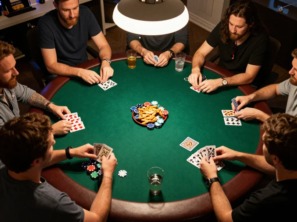Engaged players at home gaming night strategizing their situs toto bets over poker cards and chips.
