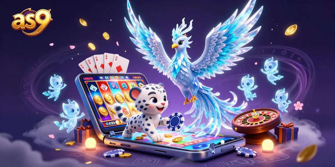 Spin to win at as9 with a vibrant 3D illustration of gaming characters and casino elements.