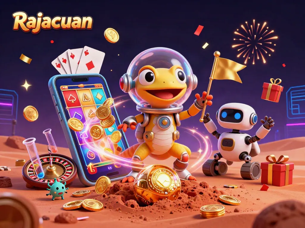 Experience Rajacuan's thrilling casino with vibrant 3D elements and engaging gameplay in this colorful digital artwork.