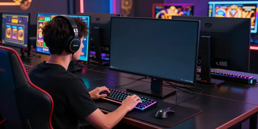 Engaged player enjoying bro138 online slot games in a high-tech gaming setup.