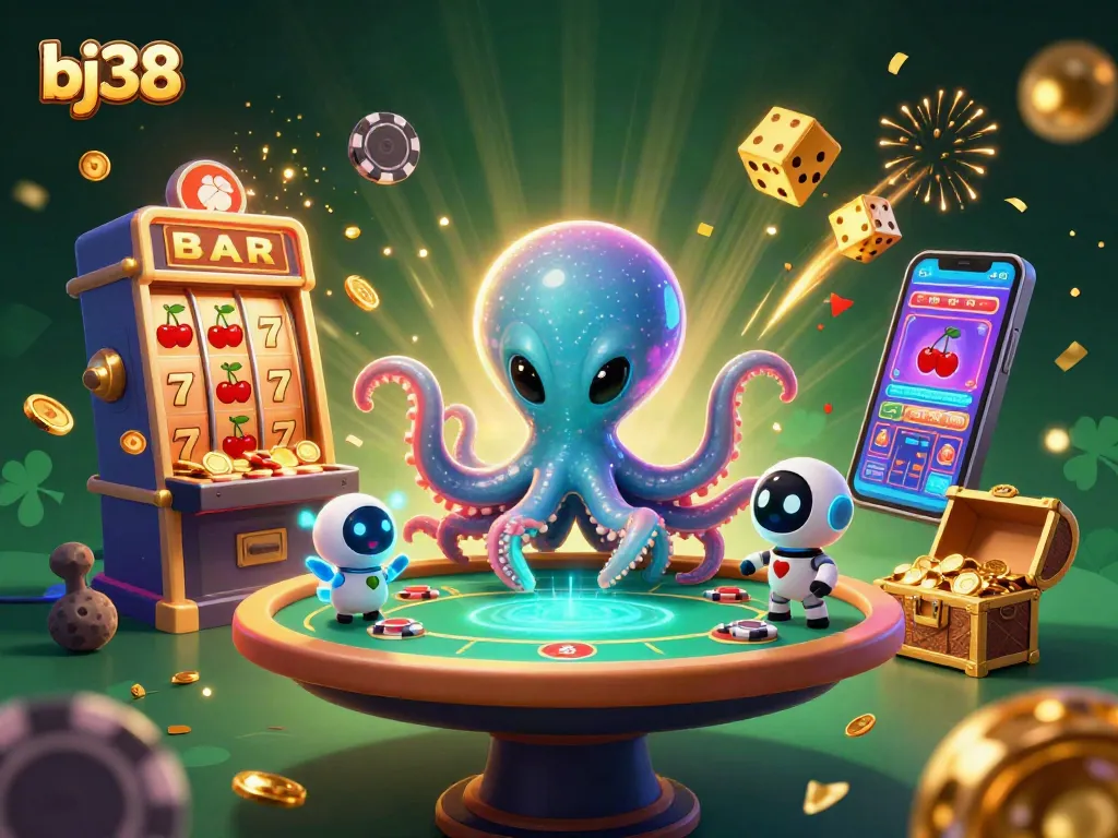 Engaging scene of the bj38 alien octopus playing poker with glowing casino elements.
