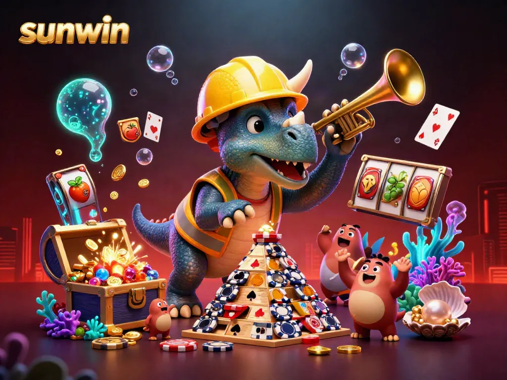 Engage with the exciting world of Sunwin as a triceratops builds a poker chip tower amidst celebratory scenes.