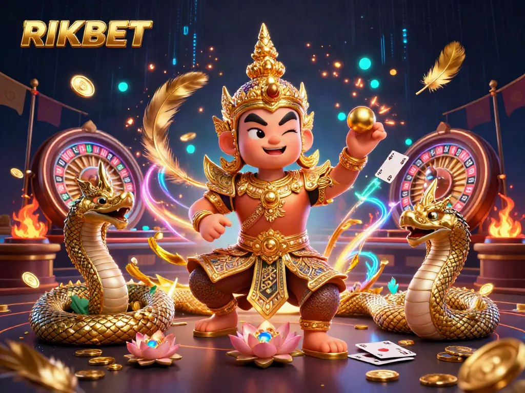 Engage with RIKBET’s immersive casino experience featuring vibrant characters and dynamic gold elements.