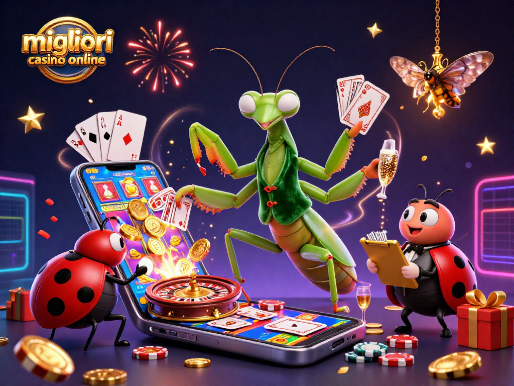 Migliori casino online: una scena animata di un camaleonte dei giochi che distribuisce carte e champagne, circondato da slot e pokerchips.