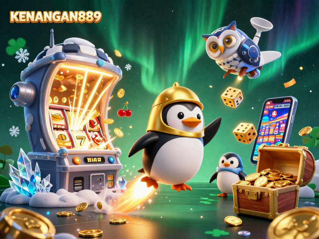 Spin to win with KENANGAN889, featuring a golden penguin and exciting gambling elements.