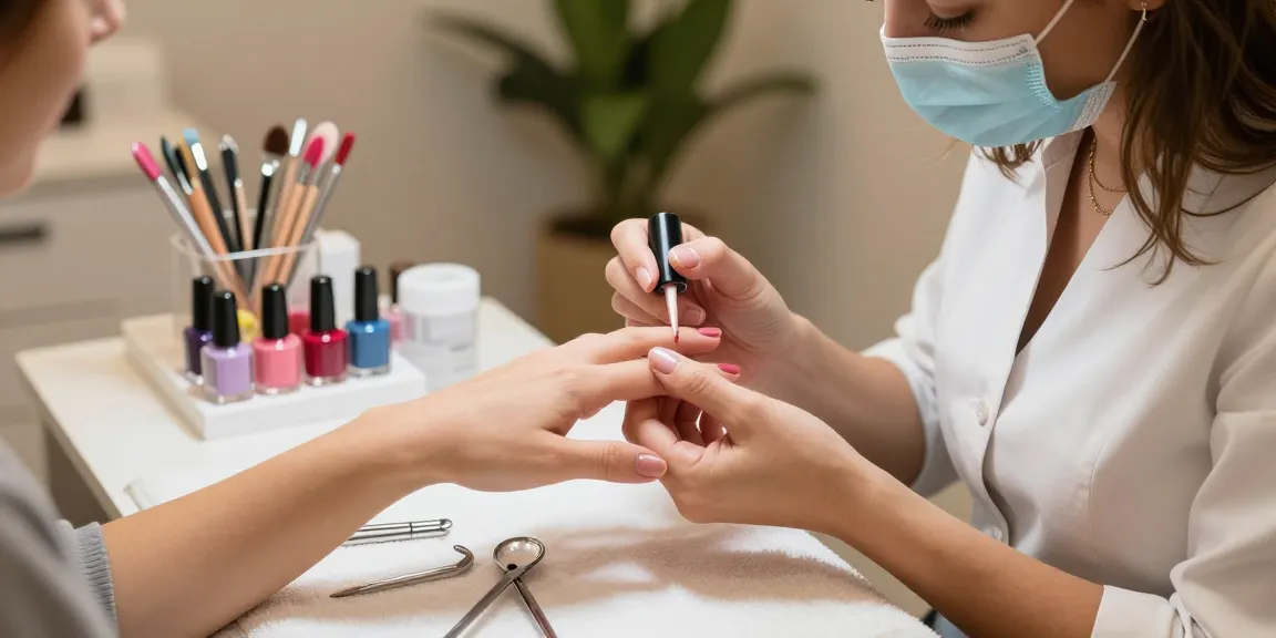 Client enjoying a manicure at Paradise Nail Beauty, highlighting hygienic 100% disposable tools and vibrant polish colors.
