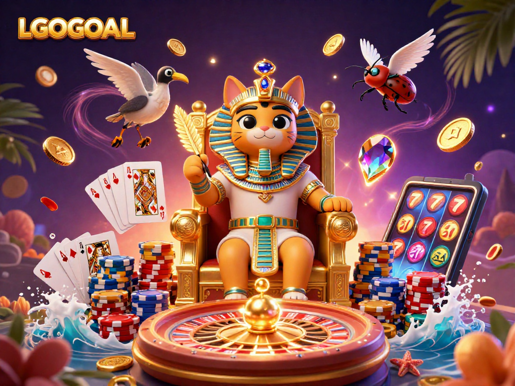 Experience winning moments at LGOGOAL's dynamic casino scene with vibrant Egyptian-themed characters.