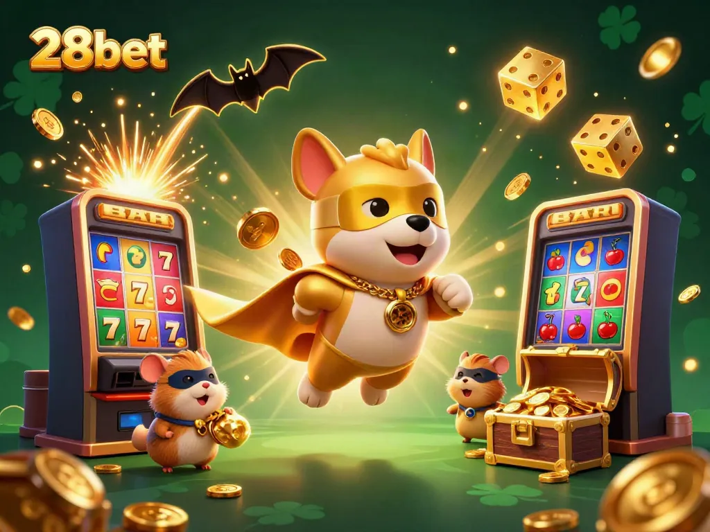 Experience thrilling wins with 28bet, featuring vibrant casino elements and characters celebrating jackpots.