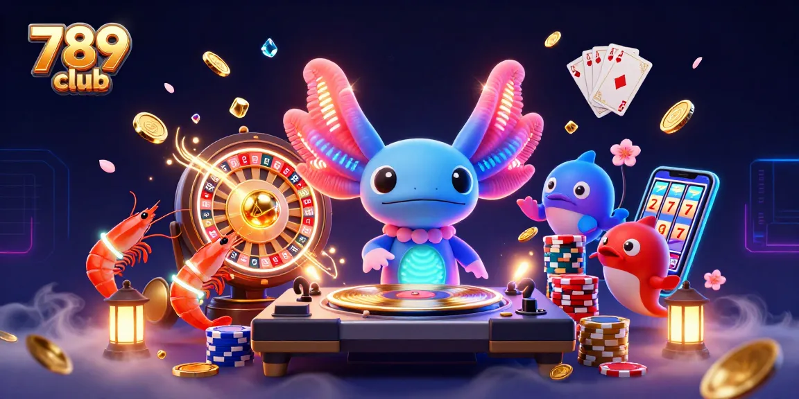 Join the fun at 789 club with dynamic gaming action, featuring vibrant axolotl DJ and colorful casino elements.