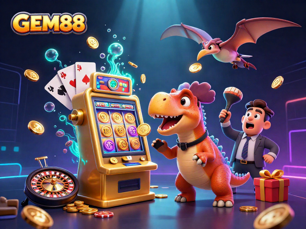 GEM88 enhances player excitement with colorful slots and jackpot rewards in a vibrant casino scene.