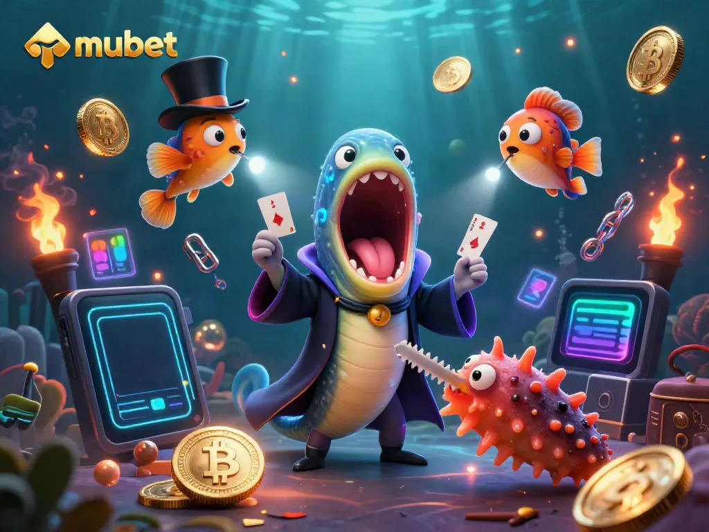 Engage in thrilling baccarat action at mubet with vibrant underwater casino characters and glowing crypto elements